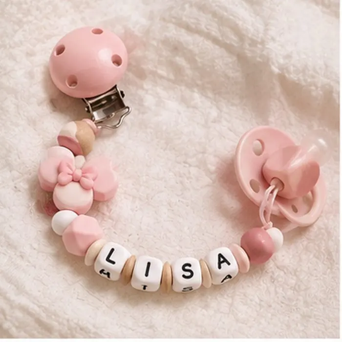 Attache-tétine personnalisée au prénom Lisa, perles silicone et bois